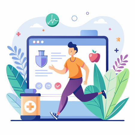 Happy man running while looking at a computer screen with health icons.のイラスト素材