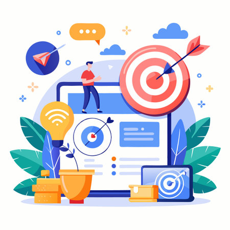 Man with a goal in hand, aiming to hit the target on a tablet screen.のイラスト素材