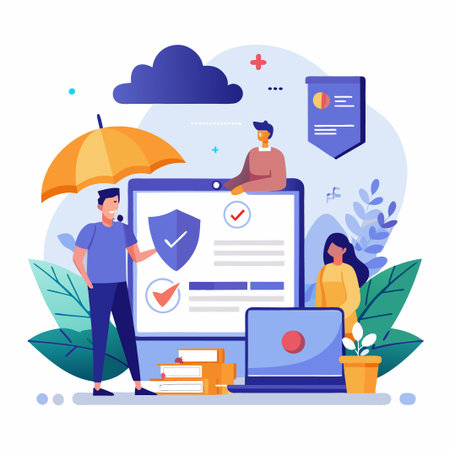 People working together with an umbrella, laptop, books, and a plant, representing protection and collaboration.のイラスト素材