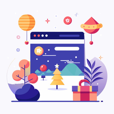 Browser with a Christmas tree on the screen, gift box, and decorations.のイラスト素材