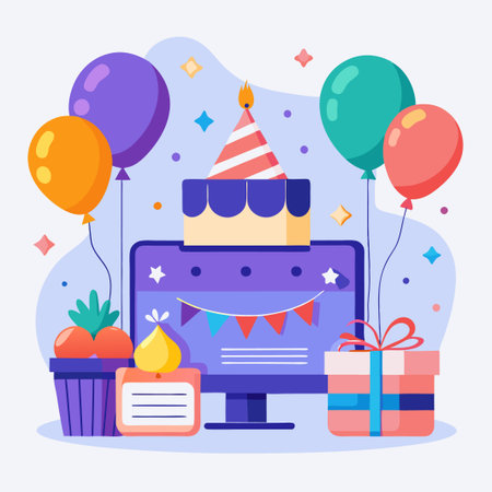 Happy birthday celebration with computer, balloons, cake, and gift.のイラスト素材