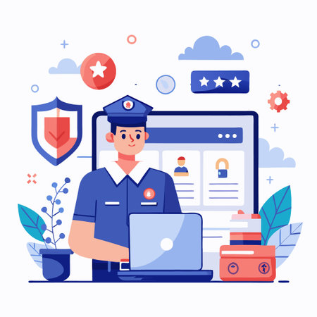 A security guard in uniform uses a laptop to monitor security cameras and a building.のイラスト素材