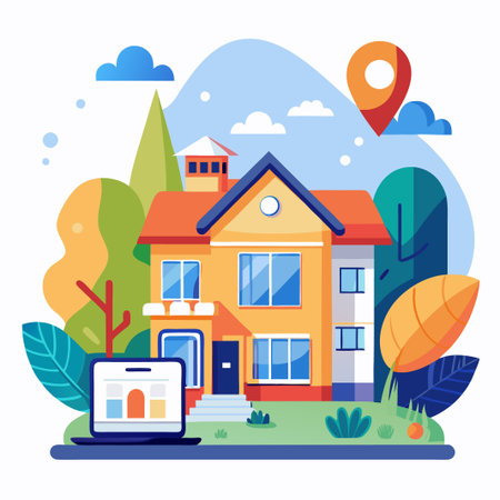 A colorful illustration of a house with a laptop in front of it.のイラスト素材