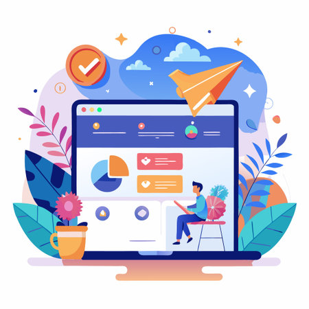 Man analyzes data on a laptop while sitting in a chair.のイラスト素材