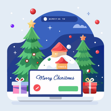 Laptop with Merry Christmas text on screen, Christmas trees and gifts on either side.のイラスト素材