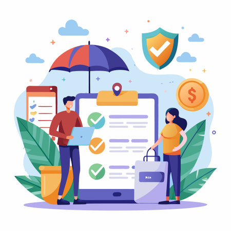 Two people working on a checklist with a laptop and a bag.のイラスト素材