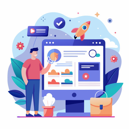 A young man stands next to a large computer monitor, reviewing charts and graphs. A rocket icon and a checkmark icon appear in the background, suggesting success and growth.のイラスト素材