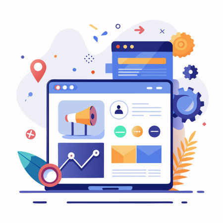 Digital marketing strategy with a laptop, a megaphone, a chart, and gears.のイラスト素材