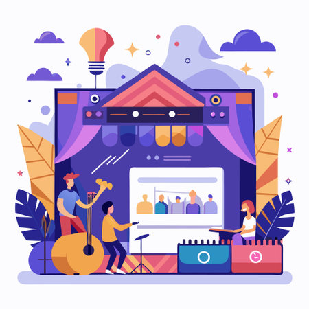 People standing in front of a screen with a light bulb above.のイラスト素材