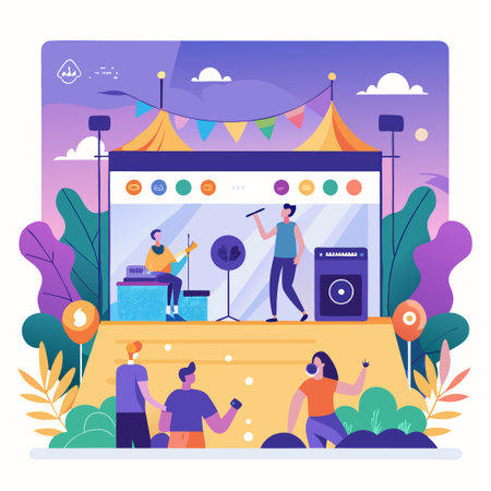 A band performs on a stage at an outdoor concert.  People watch the concert in the audience.のイラスト素材