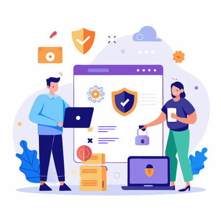 Two people working together to secure data online, with a shield and padlock icon.のイラスト素材