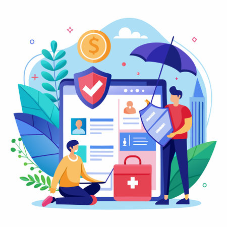 Two men using a laptop with a shield and an umbrella to protect their data.のイラスト素材