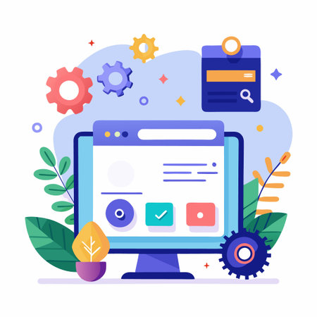 Computer screen with settings, search, and a checklist.のイラスト素材