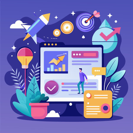 Man standing in front of a computer screen with charts and graphs, surrounded by business-related symbols.のイラスト素材