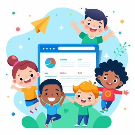 Happy children standing around a website with charts and graphs.のイラスト素材