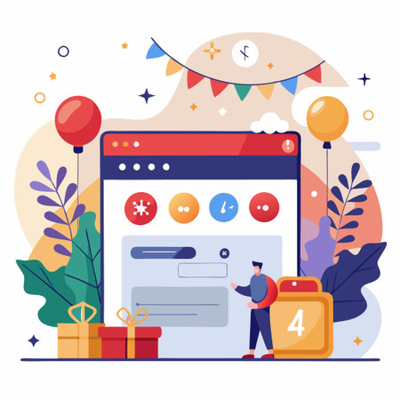 Man celebrating with a calendar and presents next to a computer screen with birthday decorations.のイラスト素材