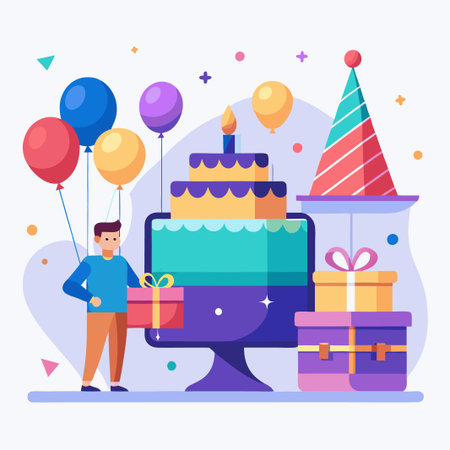 Happy Birthday celebration with a man holding a gift, a cake, balloons, a party hat, and gifts.のイラスト素材