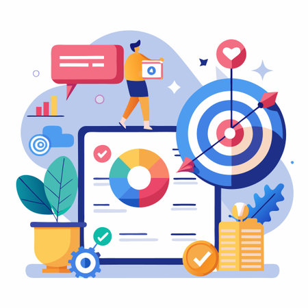 Person carrying a box and standing on a digital tablet with a target, a pie chart and checklist.のイラスト素材