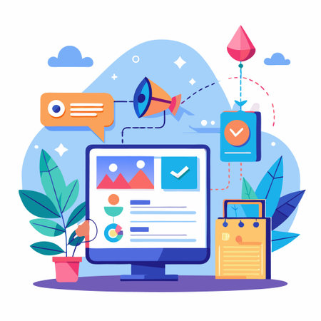 Computer screen, chat box, megaphone, checklist, and shopping bag.のイラスト素材