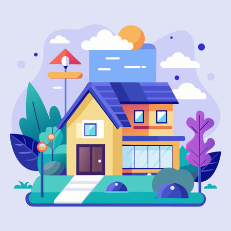 Colorful house with blue roof and sunny sky.のイラスト素材