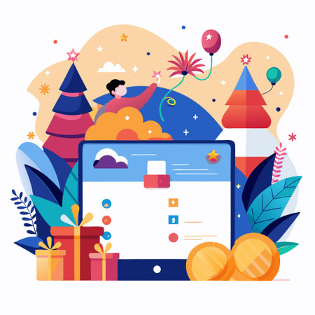 Person reaches for star above a laptop with presents and coins.のイラスト素材