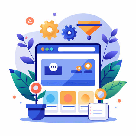 Website development and design, a blue desktop computer with a plant and gears.のイラスト素材