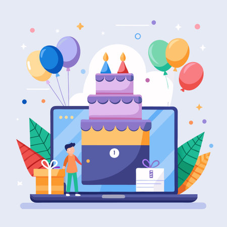 A man stands on a laptop screen with a birthday cake and presents.のイラスト素材