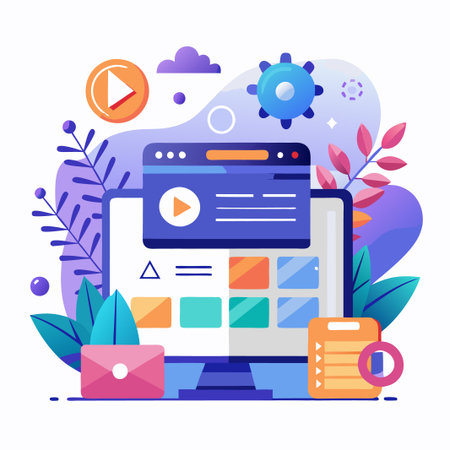 Colorful online business design with laptop, play button, gear, cloud and leaves.のイラスト素材