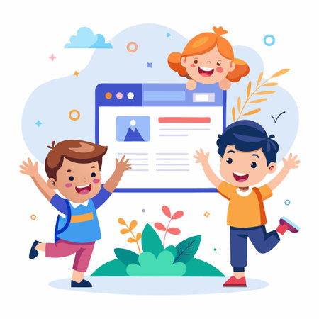 Happy children interacting with a website on a blue background.のイラスト素材