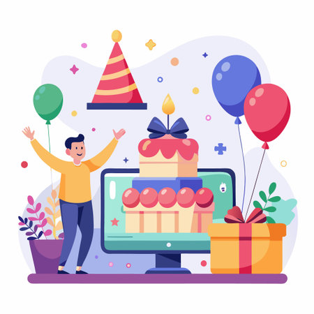 Happy man celebrating birthday online with cake, balloons, and a gift.のイラスト素材