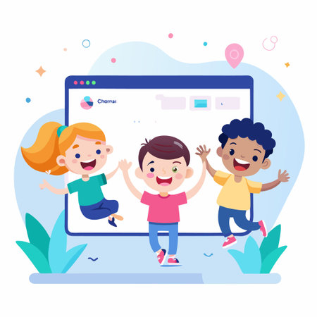 Three children are smiling and waving from inside a computer screen.のイラスト素材