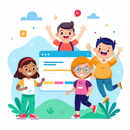 Happy kids using a computer.のイラスト素材