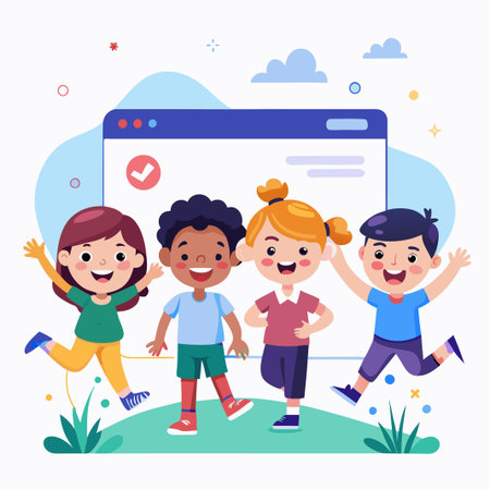 Happy diverse kids jumping in front of a computer screen with a checkmark.のイラスト素材