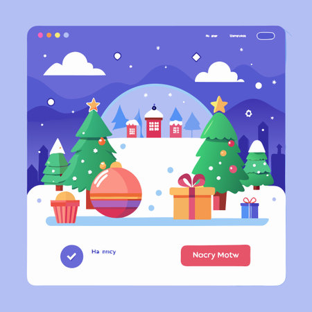Cartoon Christmas web page design with a snow globe, Christmas trees and gifts.のイラスト素材