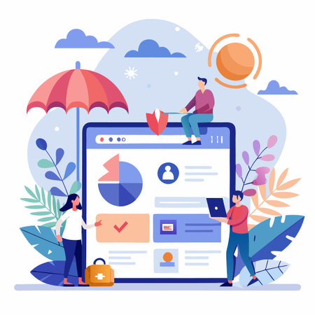 People using a website with a large screen showing a pie chart, checkmark, and icons.のイラスト素材