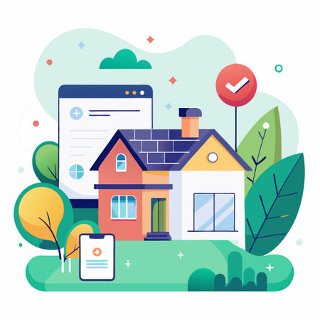 House with a green lawn and a computer screen.のイラスト素材