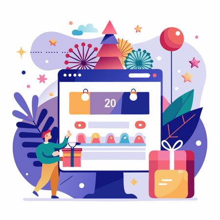 Man with gift next to computer screen with calendar and gift.のイラスト素材