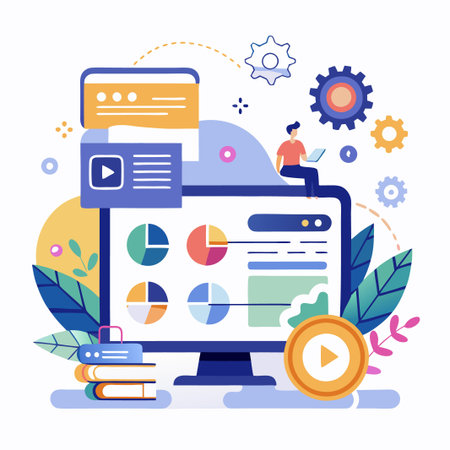 A person working with data and charts on a computer screen, surrounded by gears and leaves, representing business or digital analysis.のイラスト素材