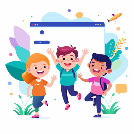 Three happy children in front of a computer screen.のイラスト素材