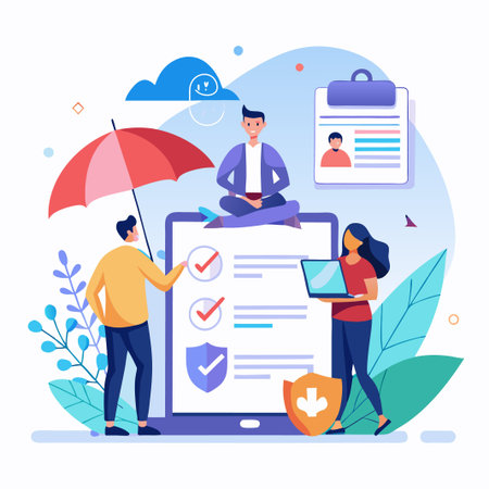 People working on a digital tablet with a checklist, red umbrella, and shields.のイラスト素材