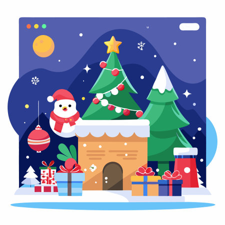 A cute, cartoon Christmas scene with a snowman on a house, gifts, trees, and a starry night sky.のイラスト素材