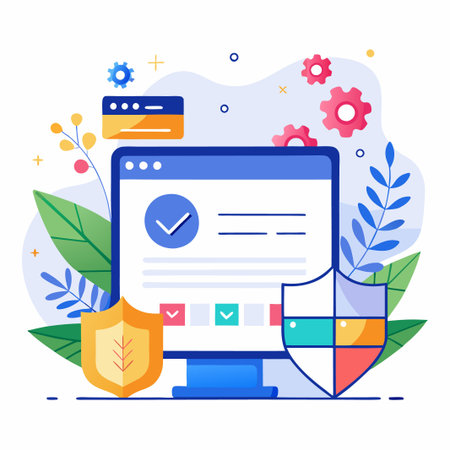 Secured computer with check marks and shield for data protection.のイラスト素材