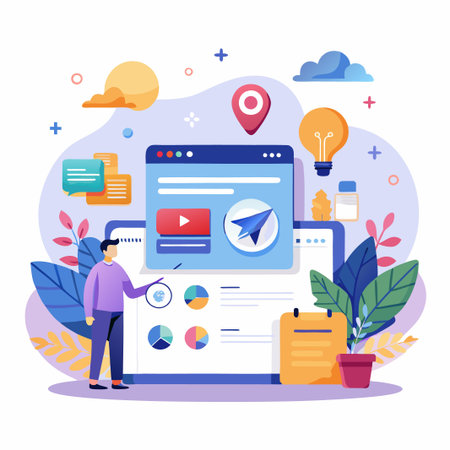 Man presenting analytics report on laptop screen.のイラスト素材