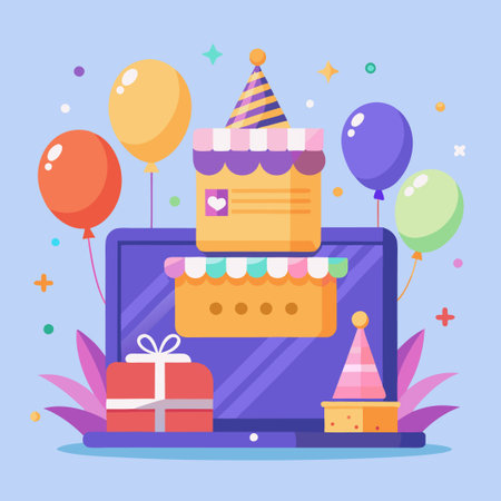 Laptop with a gift box, party hat and balloons on a blue background.のイラスト素材