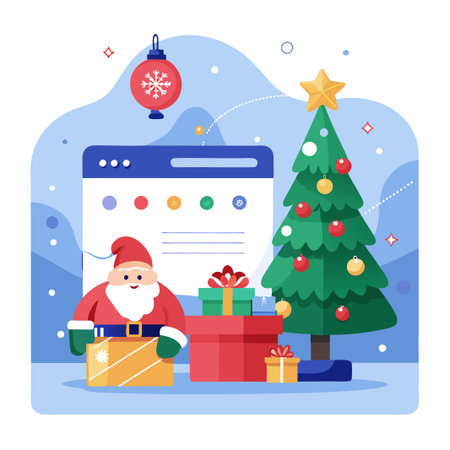 Santa Claus with gifts and a decorated Christmas tree in front of a website.のイラスト素材