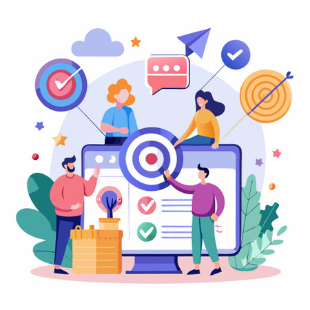 Teamwork achieving goals and target with computer.のイラスト素材