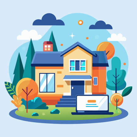 Colorful illustration of a house with a laptop in front of it.のイラスト素材