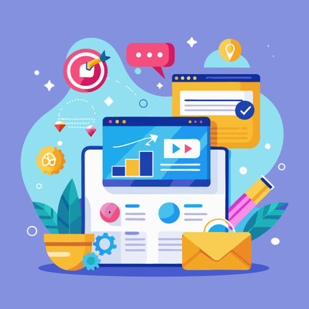 Colorful web design elements with an envelope and a bar chart.のイラスト素材