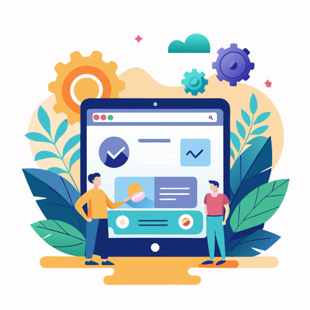 Two people working on a website together, with colorful shapes and leaves behind them.のイラスト素材