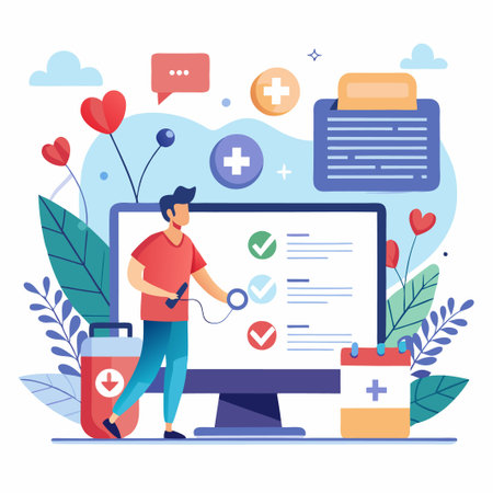 Man standing near computer with checkmarks on screen.のイラスト素材